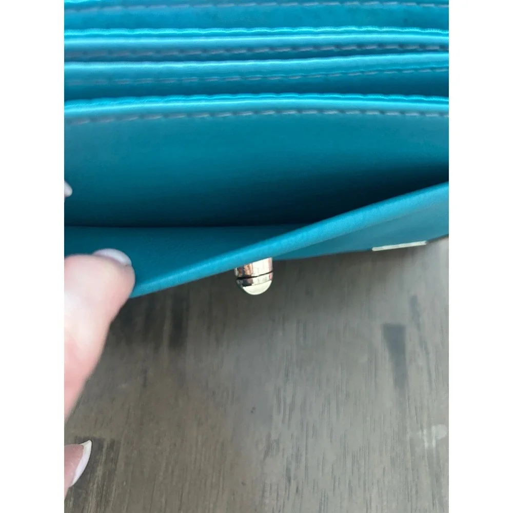 Teal Envelope Clutch Bag Gold Hardware Chain Strap Crossbody Turquoise Faux Leat